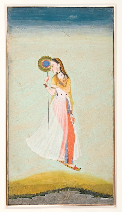 Najar picture of a woman holding a fan and looking backwards over her shoulder by Murad